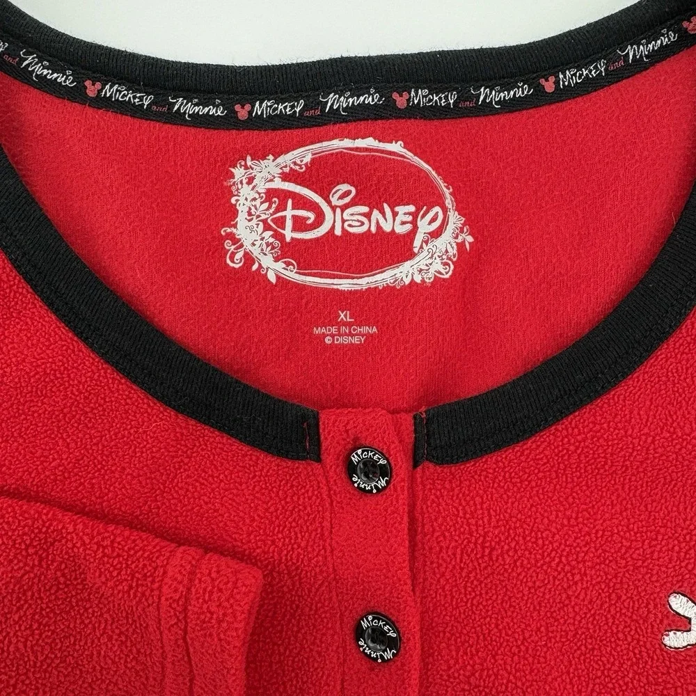 Disney Mickey Mouse Sleepwear Velvet‎ Velour Top Size XL Red Buttons Long Sleeve